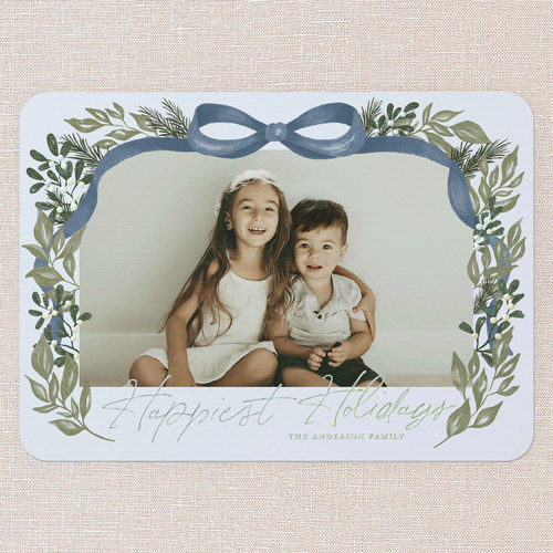 Joyful Ribbon Wishes Holiday Card, Blue, Iridescent Foil, 5x7, Holiday, Matte, Personalized Foil Cardstock, Rounded, Blue