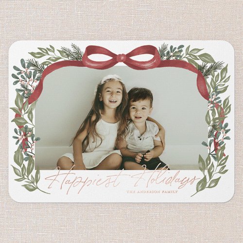 Joyful Ribbon Wishes Holiday Card, White, Rose Gold Foil, 5x7, Holiday, Matte, Personalized Foil Cardstock, Rounded, White