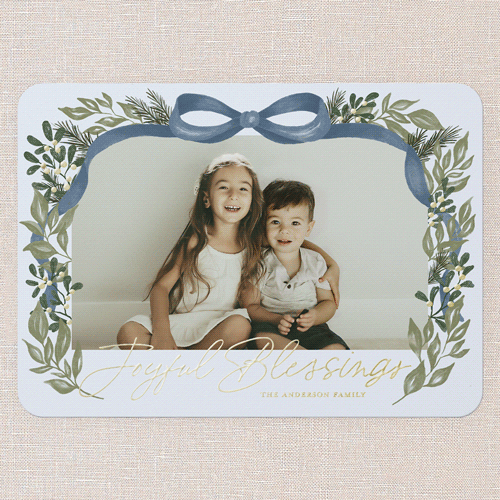 Joyful Ribbon Wishes Holiday Card, Blue, Gold Foil, 5x7, Religious, Matte, Personalized Foil Cardstock, Rounded, Blue