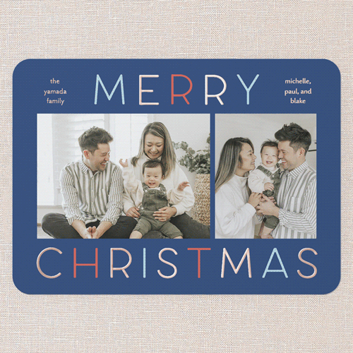 Colorful Vibes Holiday Card, Blue, Rose Gold Foil, 5x7, Christmas, Matte, Personalized Foil Cardstock, Rounded
