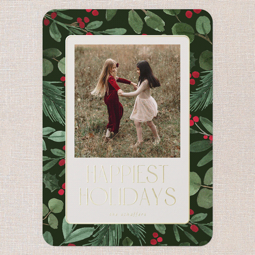 Bold Holly Berries Holiday Card, Gold Foil, Green, 5x7, Holiday, Matte, Personalized Foil Cardstock, Rounded