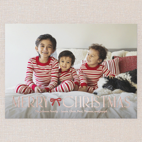 Blissful Beaming Bow Holiday Card, Rose Gold Foil, White, 5x7, Christmas, Matte, Personalized Foil Cardstock, Square, White