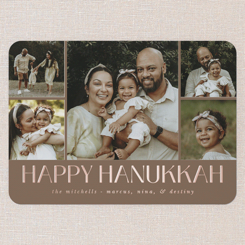 Brilliant Impression Holiday Card, Brown, Rose Gold Foil, 5x7, Hanukkah, Matte, Personalized Foil Cardstock, Rounded, Brown