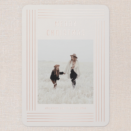 Glowing Deco Border Holiday Card, Pink, Rose Gold Foil, 5x7, Christmas, Matte, Personalized Foil Cardstock, Rounded, Blush