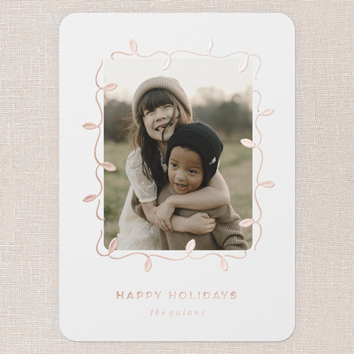 Elegant Lights Holiday Card, Rose Gold Foil, White, 5x7, Holiday, Matte, Personalized Foil Cardstock, Rounded, White