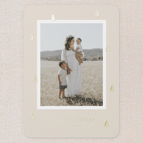 Beaming Trees Holiday Card, Pink, Gold Foil, 5x7, Holiday, Matte, Personalized Foil Cardstock, Rounded, Blush