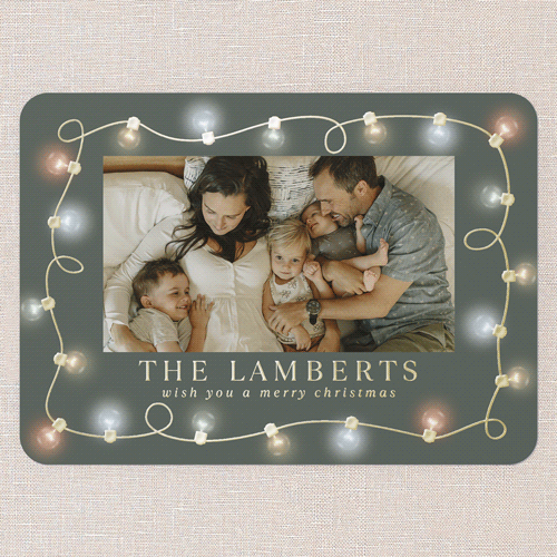 Merry and Bright Lights Holiday Card, Green, Gold Foil, 5x7, Christmas, Matte, Personalized Foil Cardstock, Rounded, Green