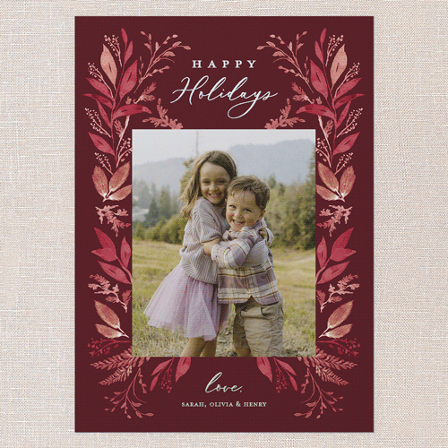Leafy Surroundings Holiday Card, Iridescent Foil, Red, 5x7, Holiday, Matte, Personalized Foil Cardstock, Square, Marsala