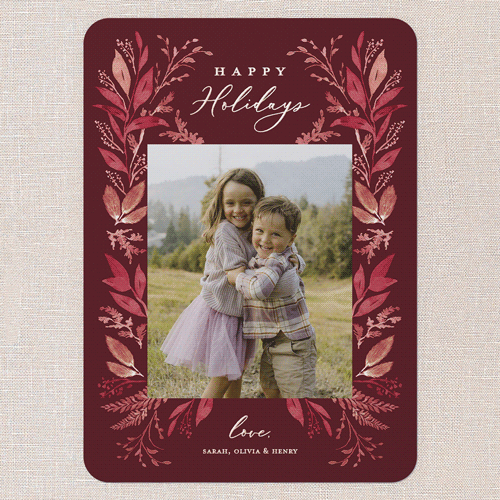 Leafy Surroundings Holiday Card, Red, Rose Gold Foil, 5x7, Holiday, Matte, Personalized Foil Cardstock, Rounded, Marsala