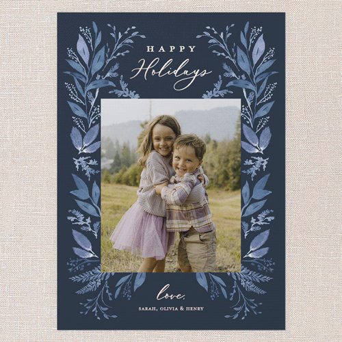 Leafy Surroundings Holiday Card, Blue, Rose Gold Foil, 5x7, Holiday, Matte, Personalized Foil Cardstock, Square, Midnight