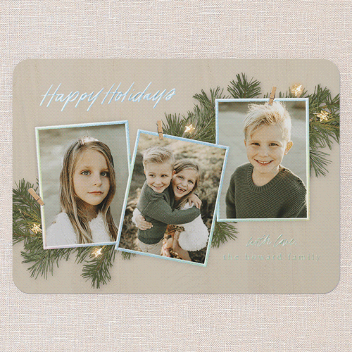 Festive Evergreen Holiday Card, Iridescent Foil, Beige, 5x7, Holiday, Matte, Personalized Foil Cardstock, Rounded, Sand