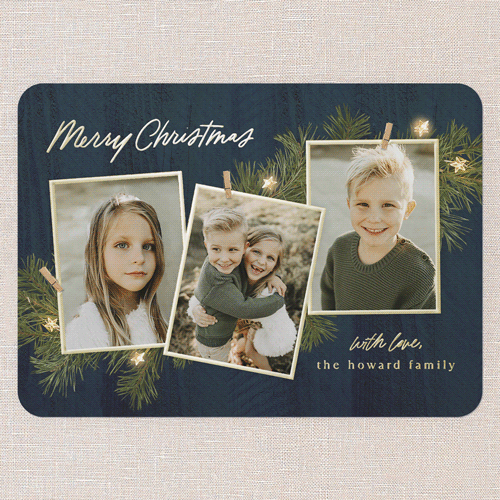 Festive Evergreen Holiday Card, Gold Foil, Blue, 5x7, Christmas, Matte, Personalized Foil Cardstock, Rounded, Navy