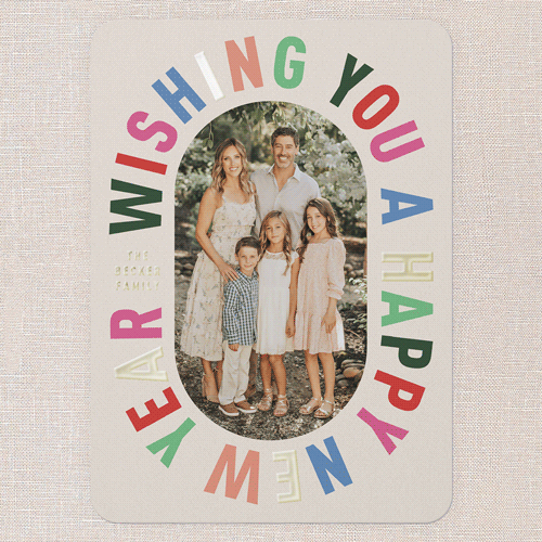 Encased In Color Holiday Card, Beige, Gold Foil, 5x7, New Year, Matte, Personalized Foil Cardstock, Rounded, Adobe Blush