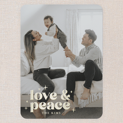 Shimmering Peaceful Love Holiday Card, White, Gold Foil, 5x7, Holiday, Matte, Personalized Foil Cardstock, Rounded, White