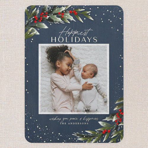 Frosty Foliage Frame Holiday Card, Blue, Gold Foil, 5x7, Holiday, Matte, Personalized Foil Cardstock, Rounded, Nautical
