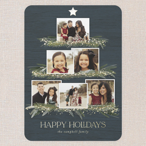 Together Tree Holiday Card, Blue, Gold Foil, 5x7, Holiday, Matte, Personalized Foil Cardstock, Rounded, Blue