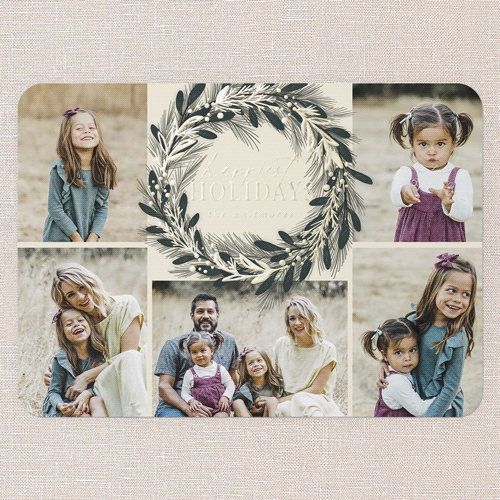 Foil Delight Wreath Holiday Card, Gold Foil, Beige, 5x7, Holiday, Matte, Personalized Foil Cardstock, Rounded, Cream