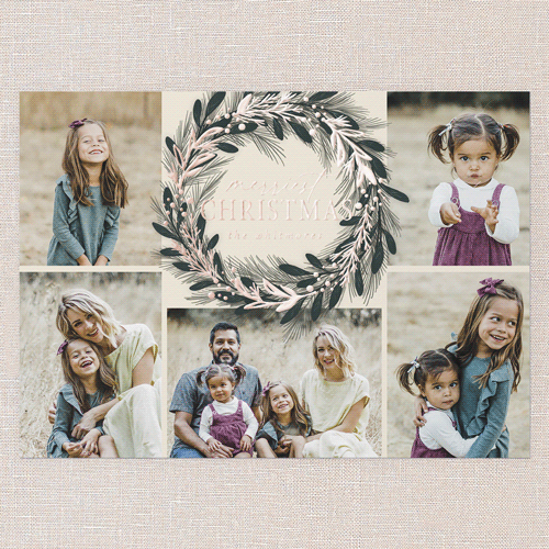 Foil Delight Wreath Holiday Card, Beige, Rose Gold Foil, 5x7, Christmas, Matte, Personalized Foil Cardstock, Square, Cream