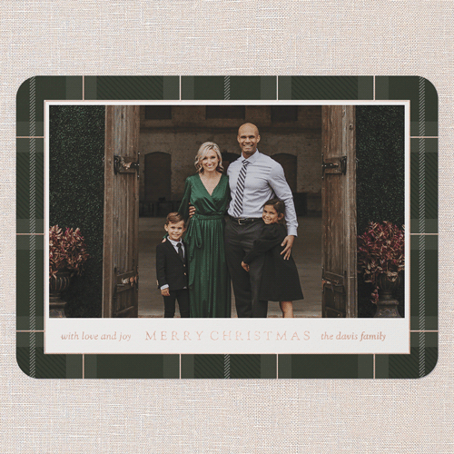Plaid Classic Holiday Card, Green, Rose Gold Foil, 5x7, Christmas, Matte, Personalized Foil Cardstock, Rounded, Green