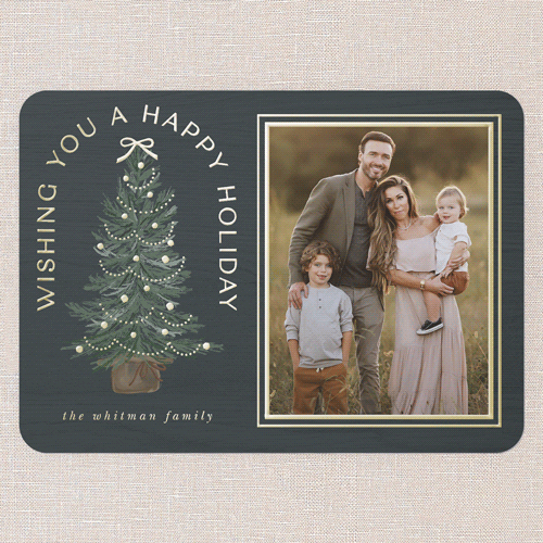 Small Sapling Holiday Card, Blue, Gold Foil, 5x7, Holiday, Matte, Personalized Foil Cardstock, Rounded, Blue