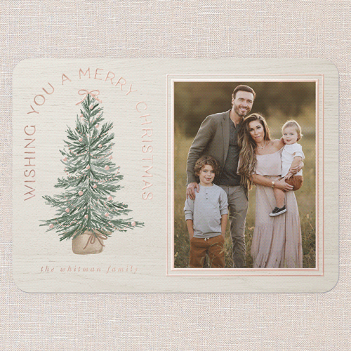 Small Sapling Holiday Card, White, Rose Gold Foil, 5x7, Christmas, Matte, Personalized Foil Cardstock, Rounded, White