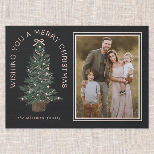 Small Sapling Holiday Card, Black, Rose Gold Foil, 5x7, Christmas, Matte, Personalized Foil Cardstock, Square, Black