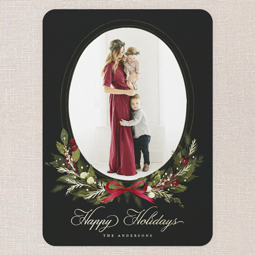 Extensive Wreath Holiday Card, Gold Foil, Black, 5x7, Holiday, Matte, Personalized Foil Cardstock, Rounded, Rich Black