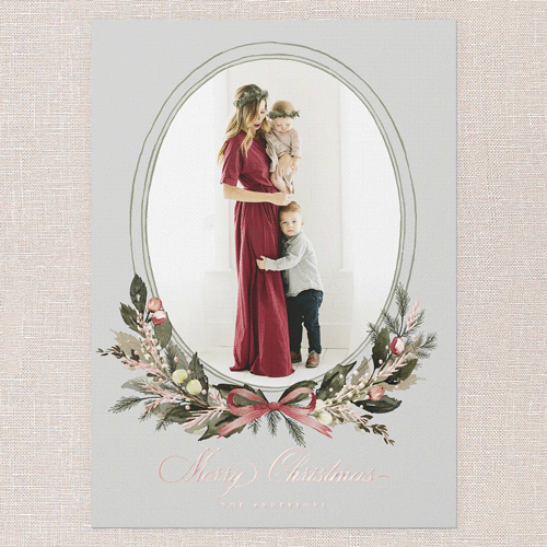 Extensive Wreath Holiday Card, Grey, Rose Gold Foil, 5x7, Christmas, Matte, Personalized Foil Cardstock, Square, Silver Lining