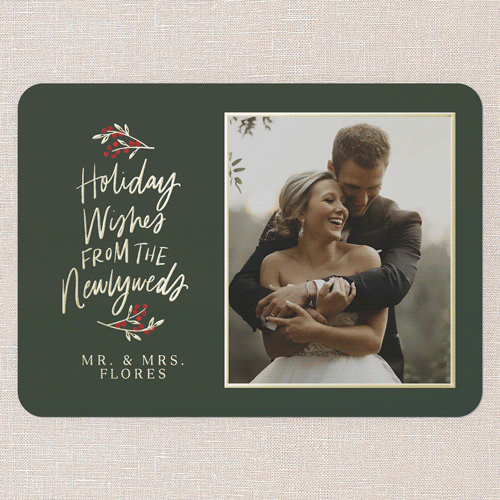 Newlywed Cheer Holiday Card, Gold Foil, Green, 5x7, Holiday, Matte, Personalized Foil Cardstock, Rounded, Spruce Green