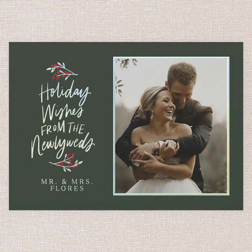 Newlywed Cheer Holiday Card, Green, Iridescent Foil, 5x7, Holiday, Matte, Personalized Foil Cardstock, Square, Spruce Green