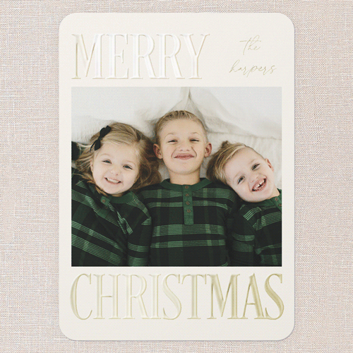 Serene Signature Holiday Card, Gold Foil, Green, 5x7, Christmas, Matte, Personalized Foil Cardstock, Rounded, Tree