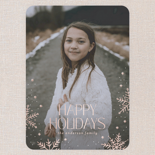 Snowflake Snapshot Holiday Card, Rose Gold Foil, White, 5x7, Holiday, Matte, Personalized Foil Cardstock, Rounded, White