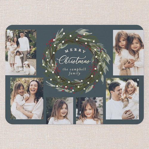 Wreath Wonder Holiday Card, Blue, Gold Foil, 5x7, Christmas, Matte, Personalized Foil Cardstock, Rounded, Blue