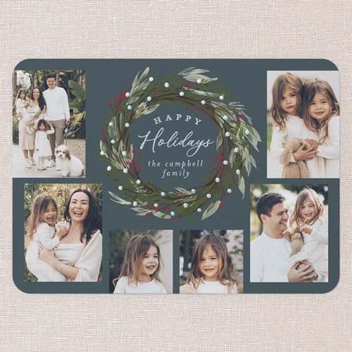 Wreath Wonder Holiday Card, Blue, Iridescent Foil, 5x7, Holiday, Matte, Personalized Foil Cardstock, Rounded, Blue