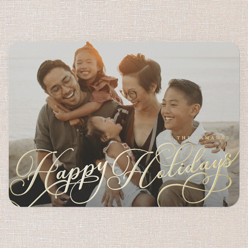 Curly Script Holiday Card, White, Gold Foil, 5x7, Holiday, Matte, Personalized Foil Cardstock, Rounded, White