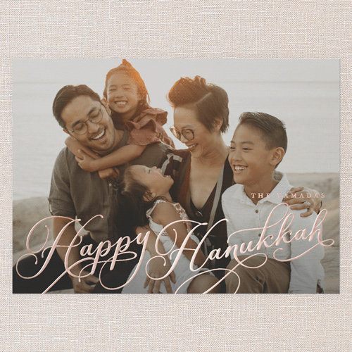 Curly Script Holiday Card, White, Rose Gold Foil, 5x7, Hanukkah, Matte, Personalized Foil Cardstock, Square, White