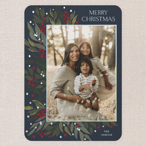 Traditional Berries Holiday Card, Blue, Iridescent Foil, 5x7, Christmas, Matte, Personalized Foil Cardstock, Rounded, Blue