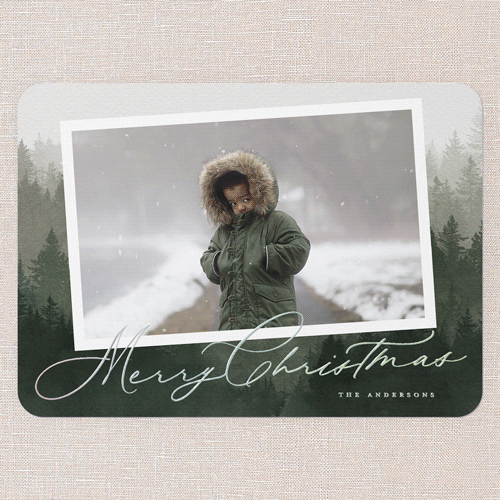 Scripted Forest Holiday Card, Green, Iridescent Foil, 5x7, Christmas, Matte, Personalized Foil Cardstock, Rounded, Pine Grove