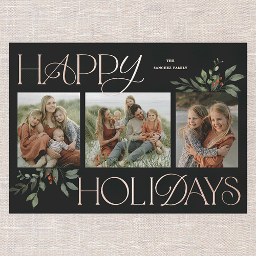 Hint Of Green Holiday Card, Black, Rose Gold Foil, 5x7, Holiday, Matte, Personalized Foil Cardstock, Square, Rich Black