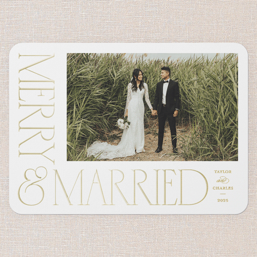 Serif Corner Holiday Card, White, Gold Foil, 5x7, Christmas, Matte, Personalized Foil Cardstock, Rounded, White