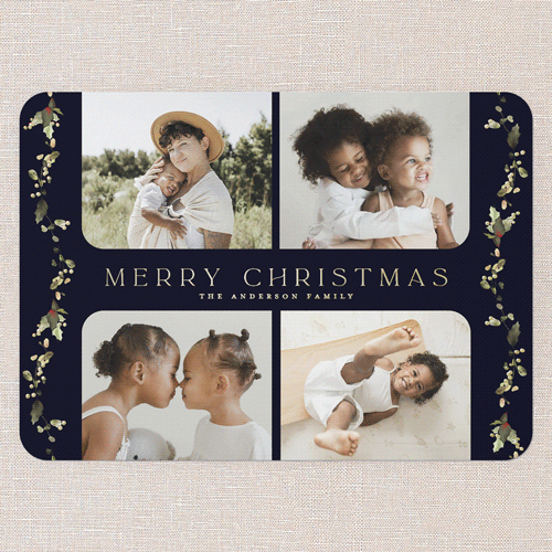 Draped Holly Holiday Card, Black, Gold Foil, 5x7, Christmas, Matte, Personalized Foil Cardstock, Rounded, Black