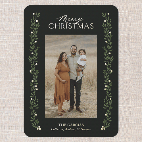 Classic Botanicals Holiday Card, Black, Gold Foil, 5x7, Christmas, Matte, Personalized Foil Cardstock, Rounded, Black