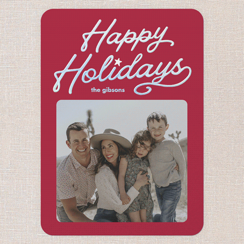 Vintage Script Holiday Card, Iridescent Foil, Red, 5x7, Holiday, Matte, Personalized Foil Cardstock, Rounded, Red