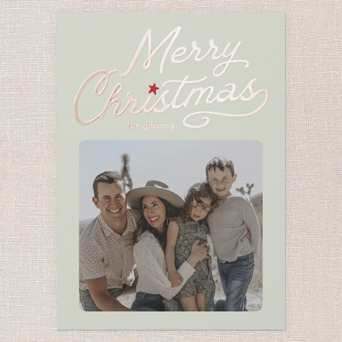 Vintage Script Holiday Card, Rose Gold Foil, Green, 5x7, Christmas, Matte, Personalized Foil Cardstock, Square, Mint