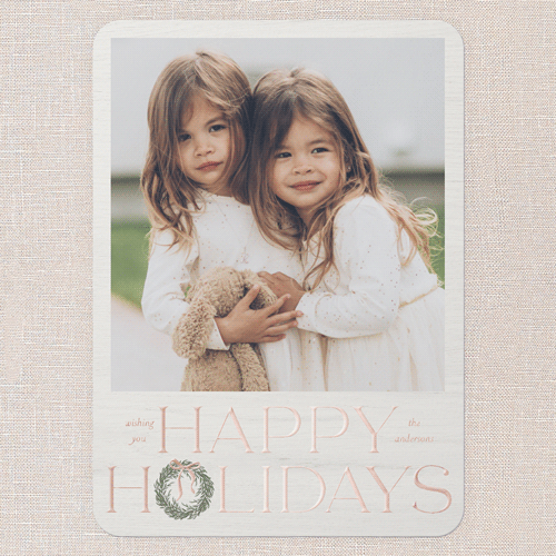 Wreath Wanderlust Holiday Card, White, Rose Gold Foil, 5x7, Holiday, Matte, Personalized Foil Cardstock, Rounded, White