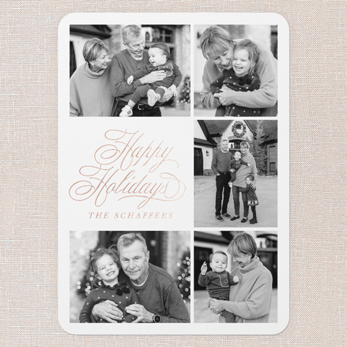 Golden Script Elegance Holiday Card, Rose Gold Foil, White, 5x7, Holiday, Matte, Personalized Foil Cardstock, Rounded, White