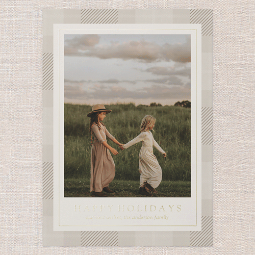 Plaid Border Wishes Holiday Card, Beige, Gold Foil, 5x7, Holiday, Matte, Personalized Foil Cardstock, Square, Cream