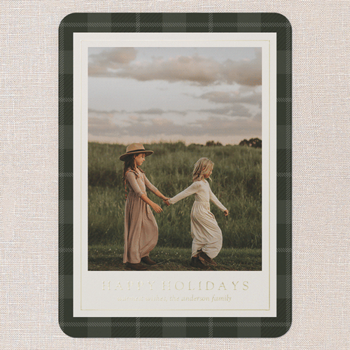 Plaid Border Wishes Holiday Card, Gold Foil, Green, 5x7, Holiday, Matte, Personalized Foil Cardstock, Rounded, Tree