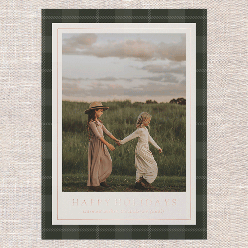 Plaid Border Wishes Holiday Card, Green, Rose Gold Foil, 5x7, Holiday, Matte, Personalized Foil Cardstock, Square, Tree