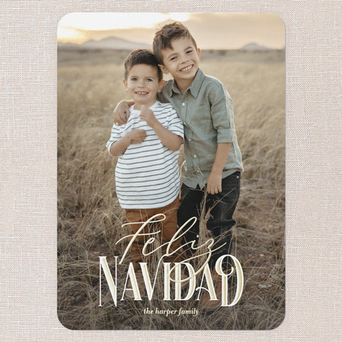 Serene Blessing Holiday Card, White, Gold Foil, 5x7, Feliz Navidad, Matte, Personalized Foil Cardstock, Rounded, White